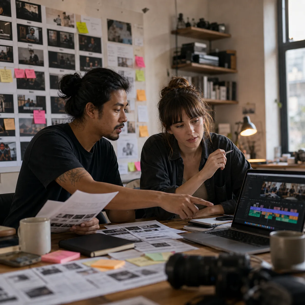 Dos creativos revisando juntos una edición en el estudio de una agencia