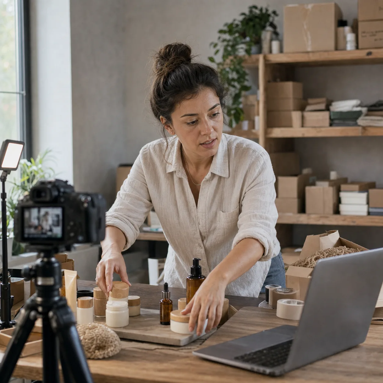 Un fundador de DTC filmando productos para un video de lanzamiento